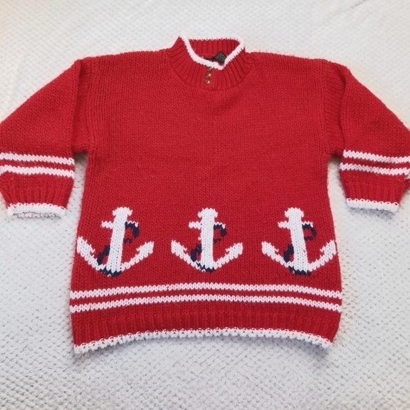 Vintage 80s 90s hand knit nautical chunky oversized red/white anchor sweater Sm - Picture 1 of 8